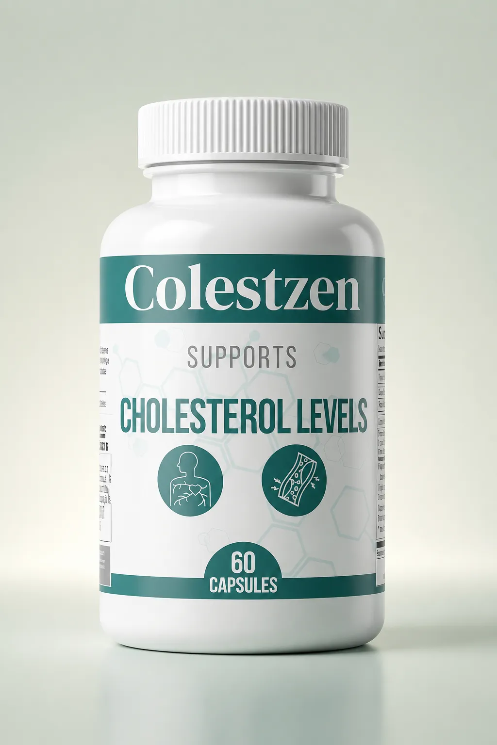 'A single white plastic bottle of Colestzen dietary supplement designed to support cholesterol levels, containing 60 capsules. The bottle stands upright centered on a plain white, clean surface..webp' alt='A white plastic bottle of a supplement named Colestzen, with a label stating 
